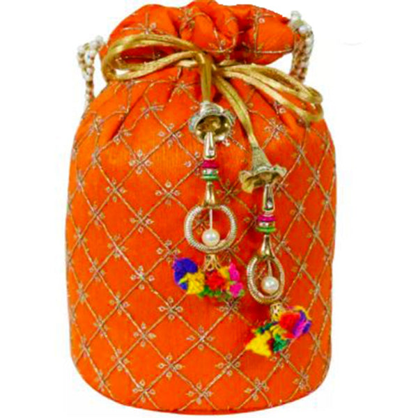 Designer Jardosh Embroidered Silk Potli Bag With Meal Beadwork And Pearl Drawstings Orange dmsretail