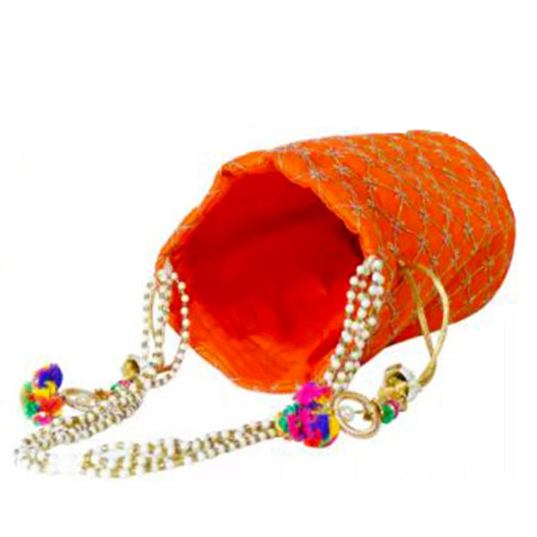 Designer Jardosh Embroidered Silk Potli Bag With Meal Beadwork And Pearl Drawstings Orange dmsretail