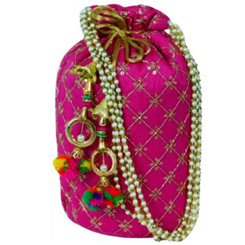 Designer Jardosh Embroidered Silk Potli Bag With Meal Beadwork And Pearl Drawstings Pink dmsretail