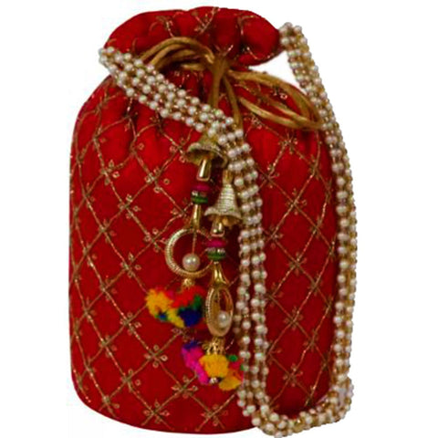 Designer Jardosh Embroidered Silk Potli Bag With Meal Beadwork And Pearl Drawstings Pink dmsretail