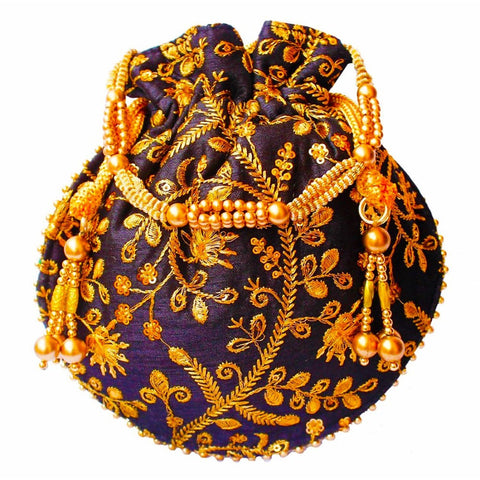 Designer Jardosh Embroidered Silk Potli Bag With Metal Beadwork And Pearl Drawstings dmsretail