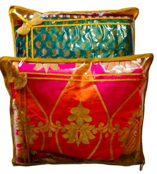 Designer Transparent Golden Quilted Saree Cover Set Storage Bag Saree Cover Bags with Zip dmsretail