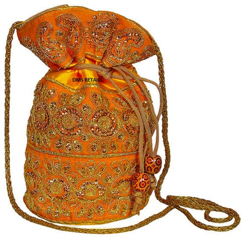 Embroidered Jardoshi Yellow Potli Bag dmsretail