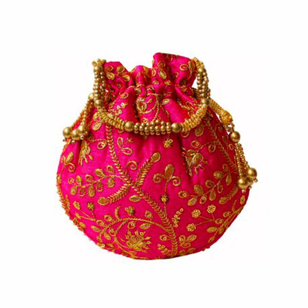 Embroidered Silk Potli Bag Ethnic Clutch Batwa Bag With Metal Beadwork And Pearl Drawstings Clutch Hand Bag Purse For Women And Girls Pink dmsretail