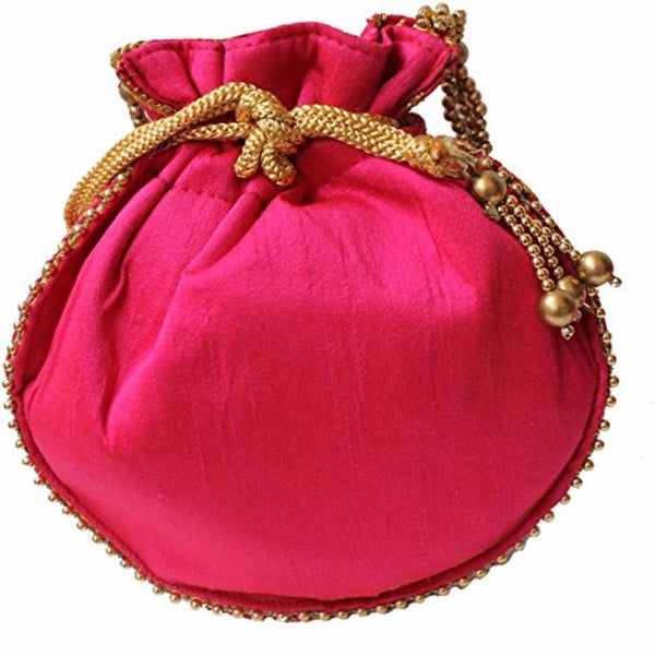 Embroidered Silk Potli Bag Ethnic Clutch Batwa Bag With Metal Beadwork And Pearl Drawstings Clutch Hand Bag Purse For Women And Girls Pink dmsretail