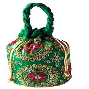 Ethnic Brocade And Silk Jardosh Embroidered Potli bag For Women And Girls Green dmsretail