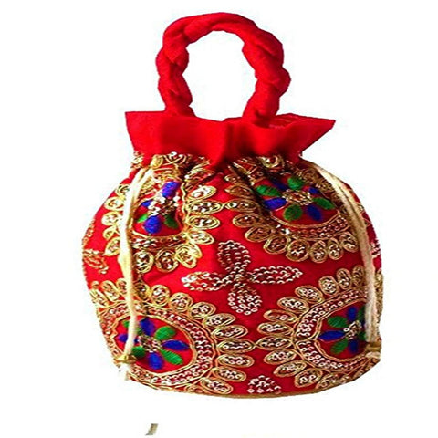 Ethnic Brocade And Silk Jardosh Embroidered Potli bag For Women And Girls Red dmsretail