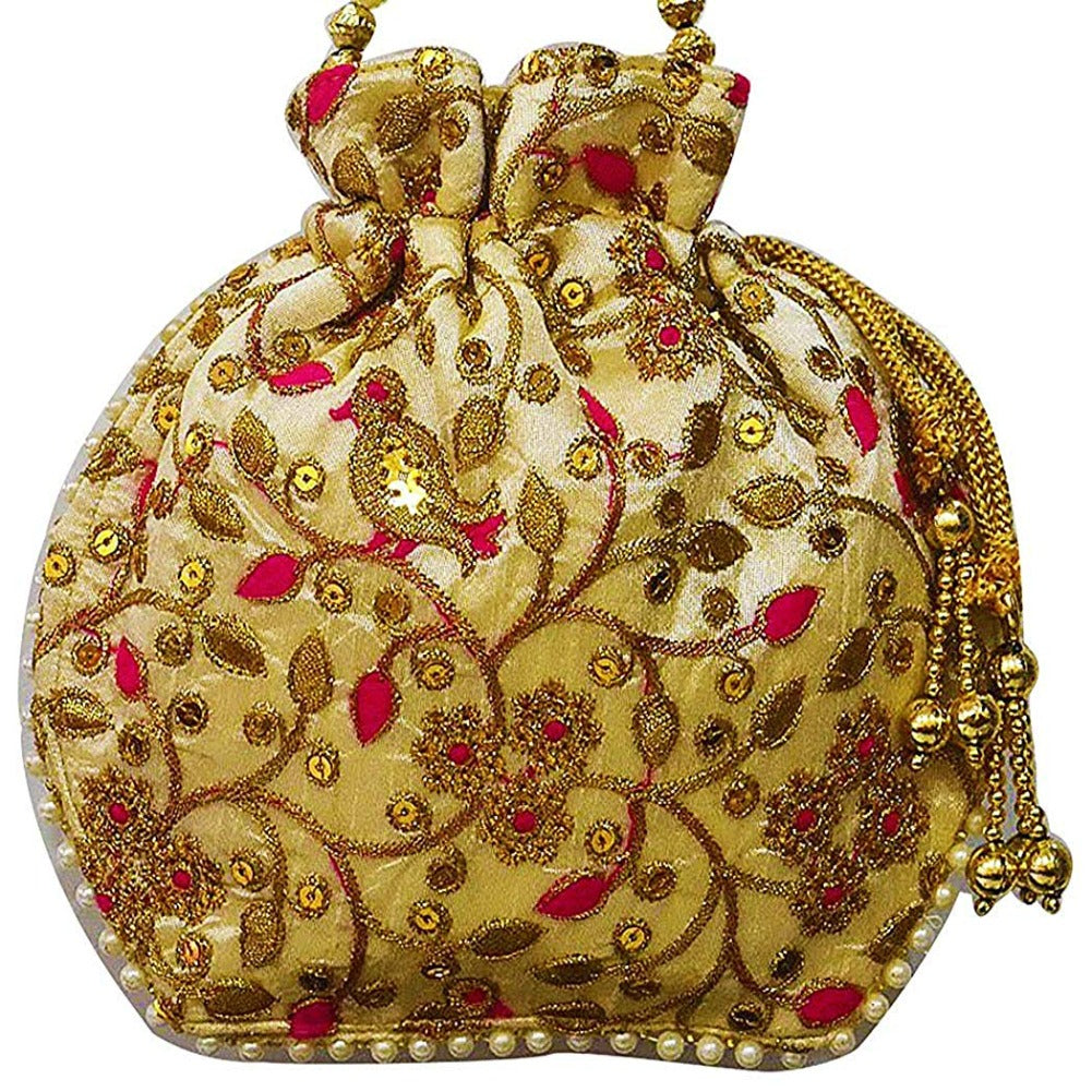 Jardoshi Embroidered Silk Potli Bag Ethnic Clutch Batwa Bag With Beadwork Pearl Drawstings Clutch Hand Bag Purse For Women Red