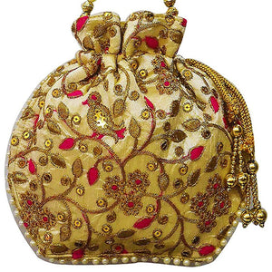 Jardoshi Embroidered Silk Potli Bag Ethnic Clutch Batwa Bag With Beadwork Pearl Drawstings Clutch Hand Bag Purse For Women Red dmsretail