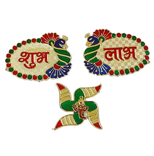 Metal Shubh Labh Swastik Peacock Sticker for Door Entrance for Diwali