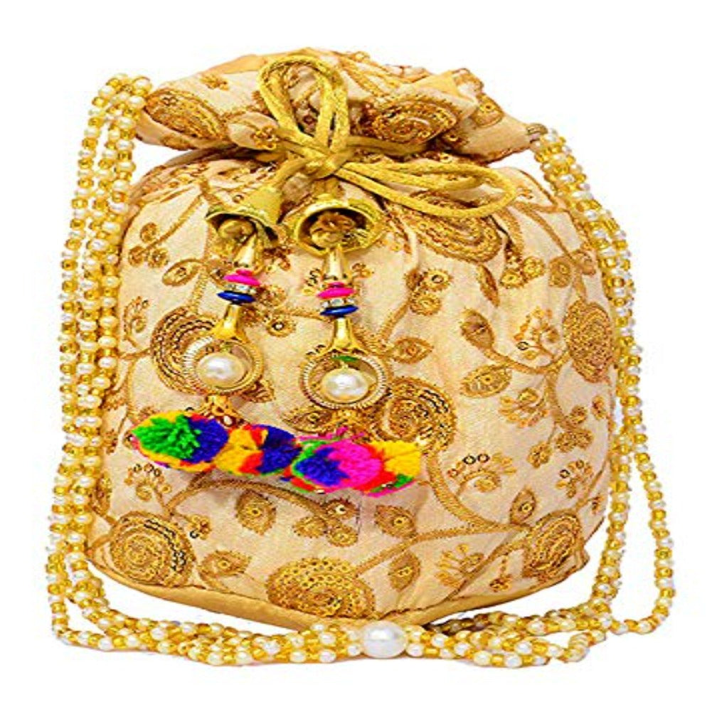 Multicolored Embroidered Silk Potli Bag With Pearl Drawstrings Wristlet Ethnic Clutch dmsretail