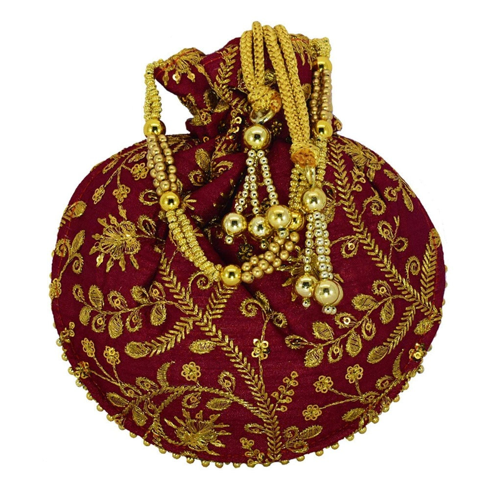 Multicolored Floral Embroidered Silk Potli Bag Ethnic Clutch Batwa Bag With Metal Beadwork And Pearl Drawstings Clutch Hand Bag Purse For Women And Girls Maroon dmsretail