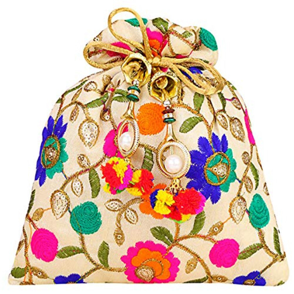 Multicolored Floral Embroidered Silk Potli Bag Wristlet Ethnic Clutch