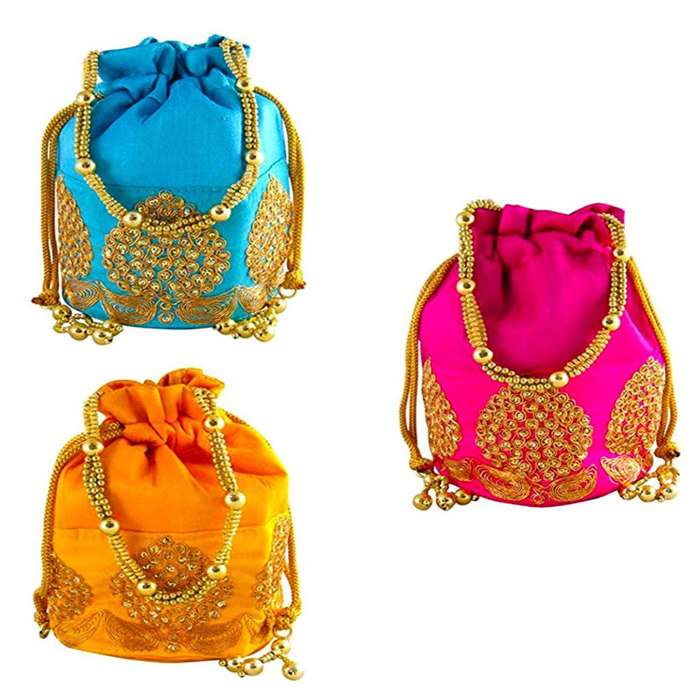 Rajasthani Potli Bag For Wedding Satchel Bag For Women And Girls Combo Of 3 Potli Bag Blue Pink Yellow dmsretail