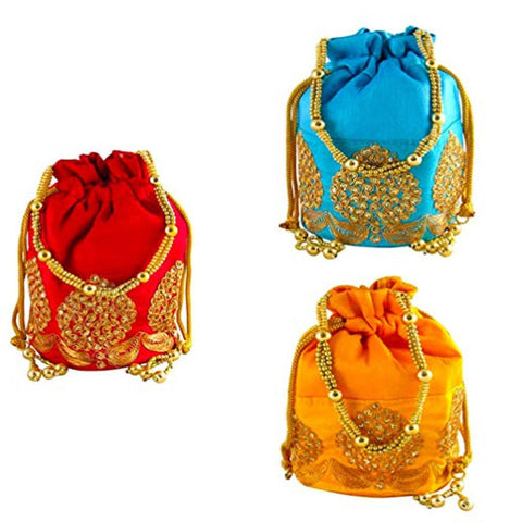 Rajasthani Potli Bag For Wedding Satchel Bag For Women And Girls Combo Of 3 Potli Bag Blue Red Yellow dmsretail