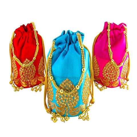 Rajasthani Potli Bag For Wedding Satchel Bag For Women And Girls Combo Of 3 Potli Bag Red Blue Pink dmsretail