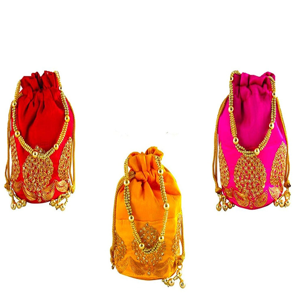 Rajasthani Potli Bag For Wedding Satchel Bag For Women And Girls Combo Of 3 Potli Bag Red Yellow Pink dmsretail