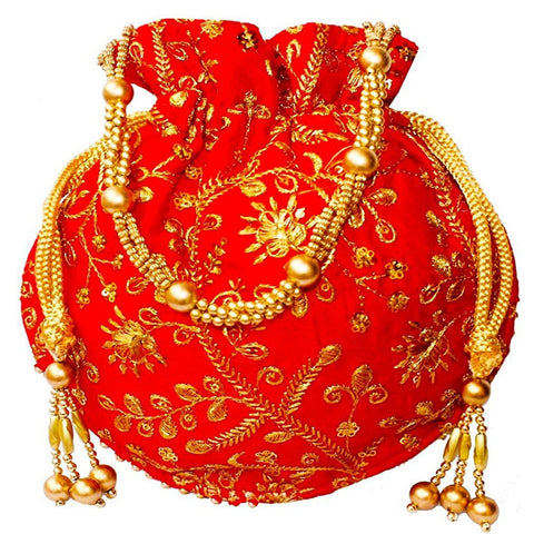 Red Embroidered Silk Ethnic Potli Bag dmsretail