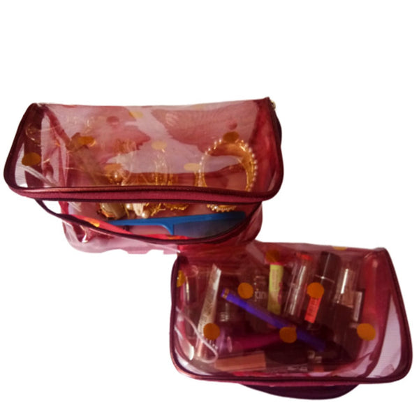 Transparent Jewellery Pouch Multipurpose Makeup Cosmetics Bag Travelling Pouch - Printed Organizer Set Of 4 Pouch - Maroon dmsretail