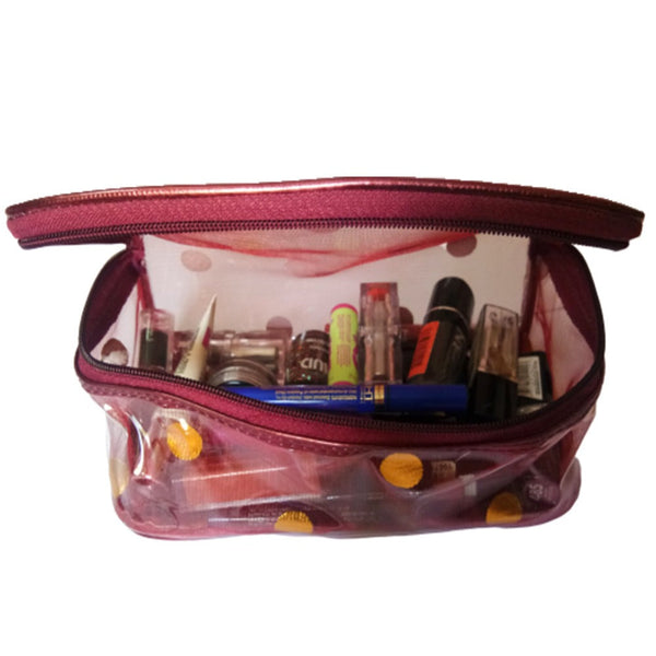 Transparent Jewellery Pouch Multipurpose Makeup Cosmetics Bag Travelling Pouch - Printed Organizer Set Of 4 Pouch - Maroon dmsretail