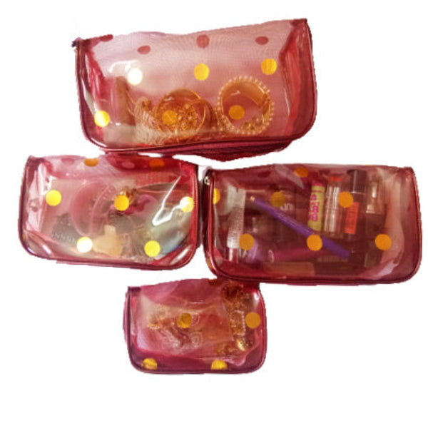 Transparent Jewellery Pouch Multipurpose Makeup Cosmetics Bag Travelling Pouch - Printed Organizer Set Of 4 Pouch - Maroon dmsretail