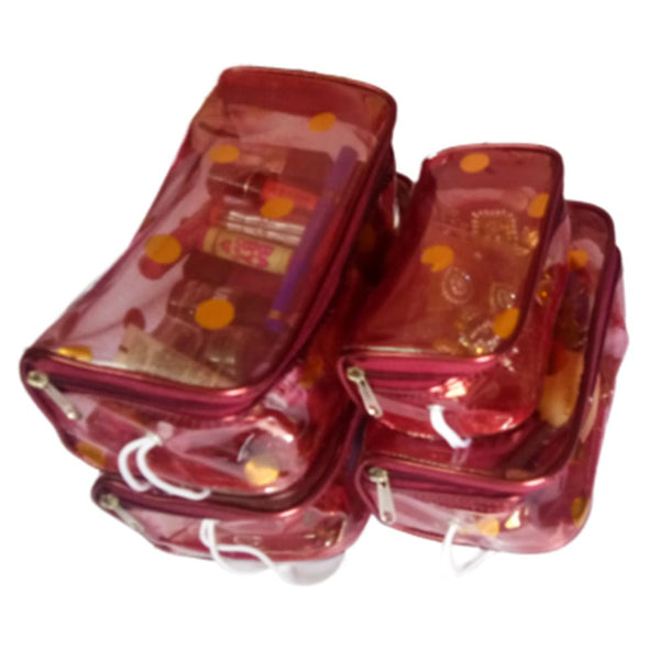 Transparent Jewellery Pouch Multipurpose Makeup Cosmetics Bag Travelling Pouch - Printed Organizer Set Of 4 Pouch - Maroon dmsretail