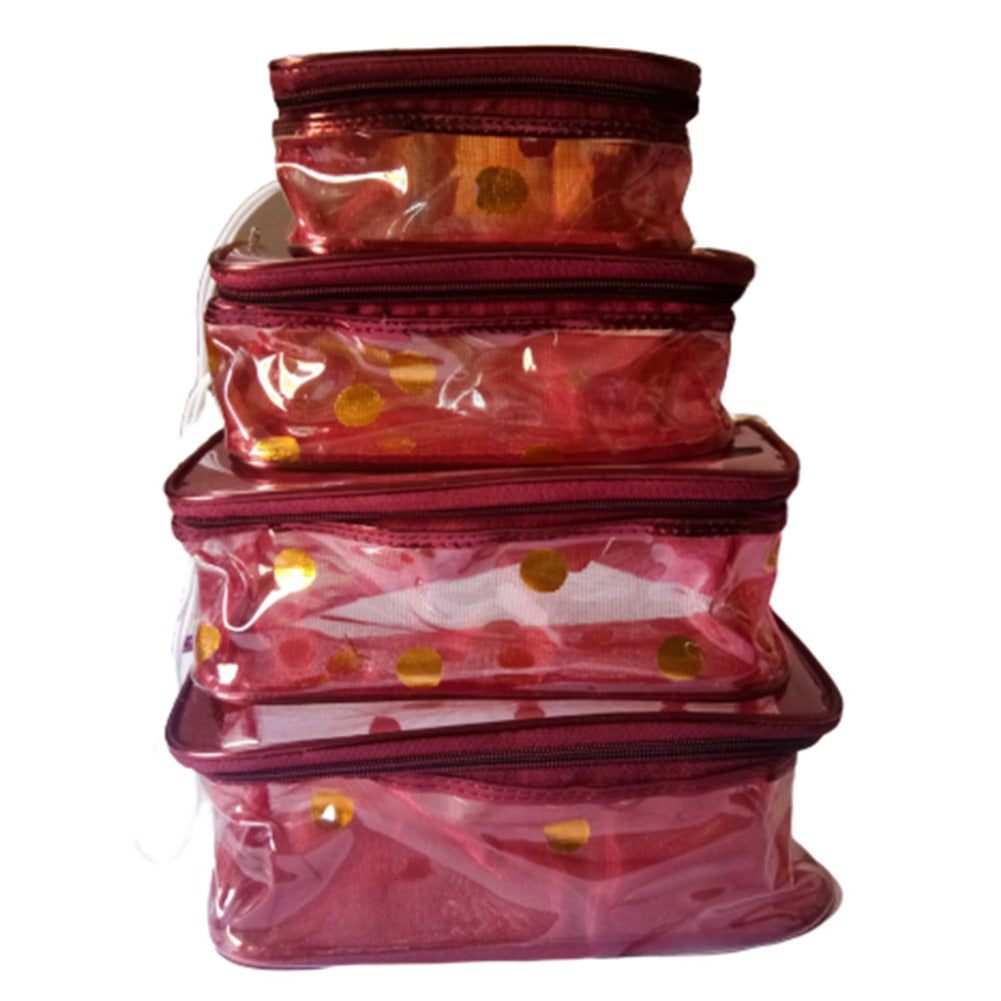 Transparent Jewellery Pouch Multipurpose Makeup Cosmetics Bag Travelling  Pouch Printed Organizer Set Of Pouch Maroon