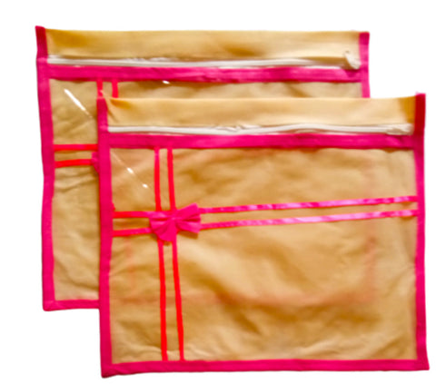 Transparent Non Wooven Single Saree Cover Set Storage Bag Saree Covers with Zip Extra with Pink Bow dmsretail