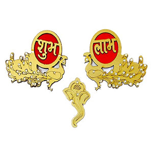 Wooden Peacock Shubh Labh Sticker for Door Decoration |Floor Decoration - Diwali Decoration dmsretail